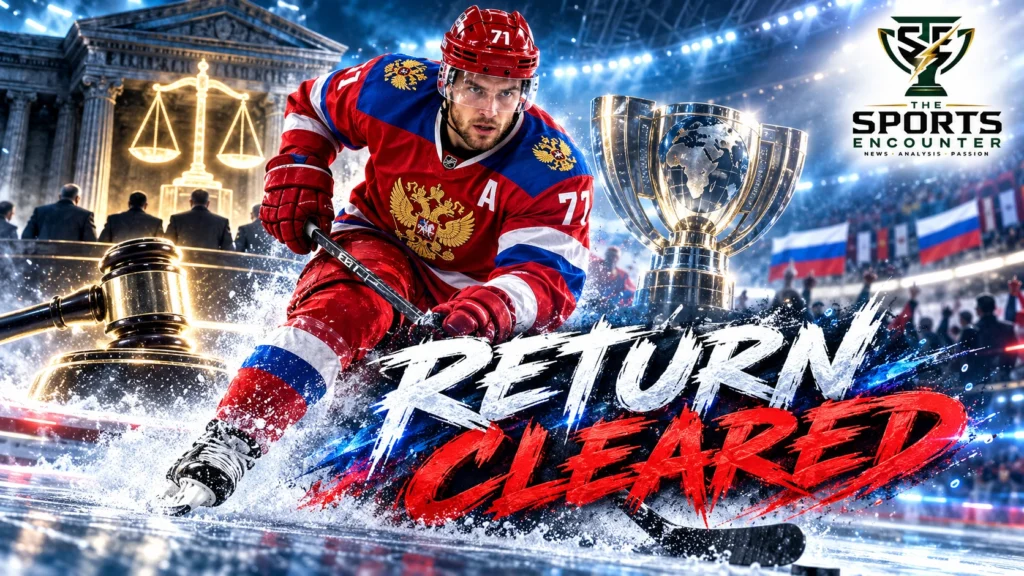 Cinematic VFX illustration of Russian ice hockey's potential return following the October 30, 2026 CAS ruling, featuring a World Championship trophy, dramatic arena lighting, and The Sports Encounter's official logo.