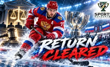 Cinematic VFX illustration of Russian ice hockey's potential return following the October 30, 2026 CAS ruling, featuring a World Championship trophy, dramatic arena lighting, and The Sports Encounter's official logo.