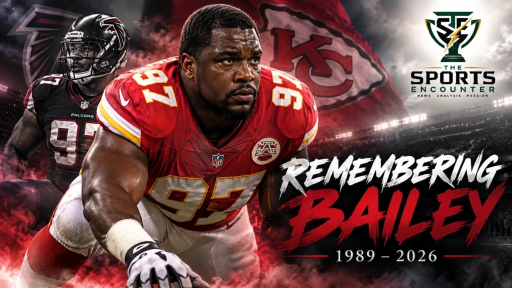 Former Kansas City Chiefs defensive lineman Allen Bailey wearing his No. 97 Chiefs uniform during his NFL career, featured in a memorial graphic commemorating his life from 1989 to 2026, with The Sports Encounter's official logo.
