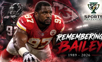 Former Kansas City Chiefs defensive lineman Allen Bailey wearing his No. 97 Chiefs uniform during his NFL career, featured in a memorial graphic commemorating his life from 1989 to 2026, with The Sports Encounter's official logo.