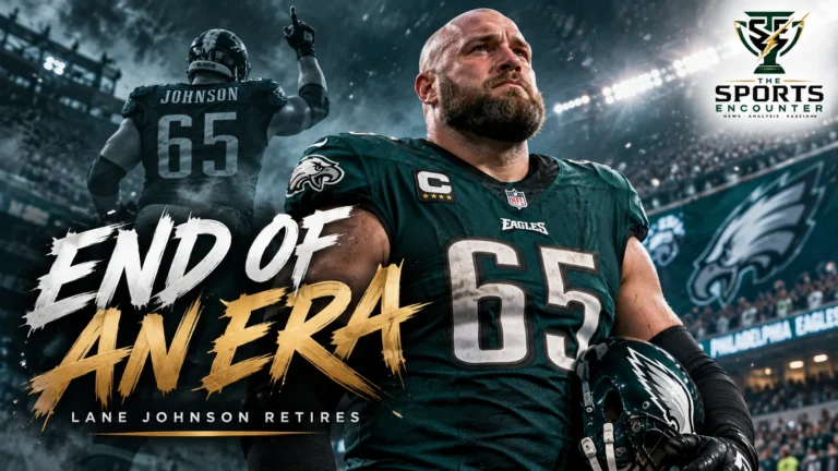 Lane Johnson of the Philadelphia Eagles during his final NFL season before retiring at age 36 to prioritize his mental health and family.