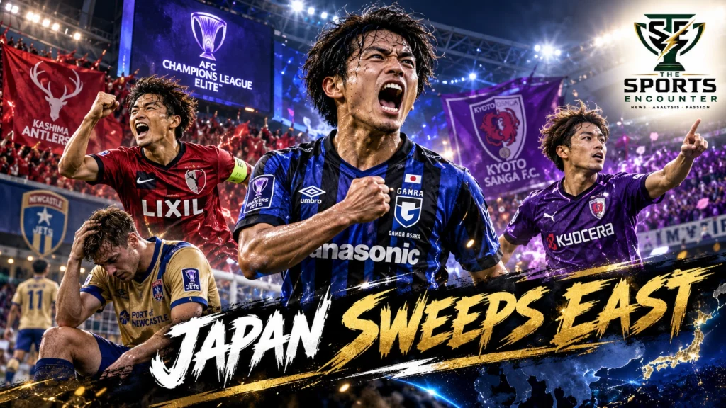 Gamba Osaka players celebrate their comeback victory over Newcastle Jets, alongside Johor Darul Ta'zim and Kashima Antlers, in an AFC Champions League Elite October 13 results graphic.