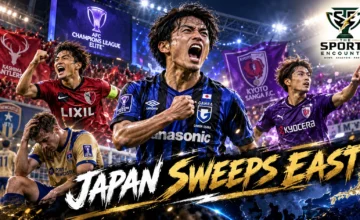 Gamba Osaka players celebrate their comeback victory over Newcastle Jets, alongside Johor Darul Ta'zim and Kashima Antlers, in an AFC Champions League Elite October 13 results graphic.