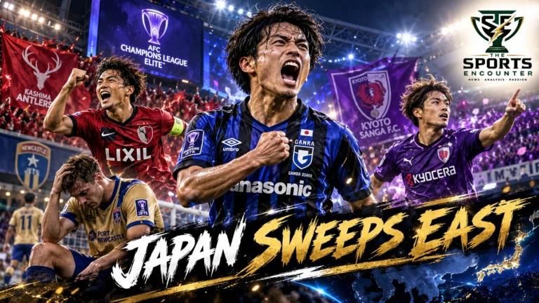 Gamba Osaka players celebrate their comeback victory over Newcastle Jets, alongside Johor Darul Ta'zim and Kashima Antlers, in an AFC Champions League Elite October 13 results graphic.