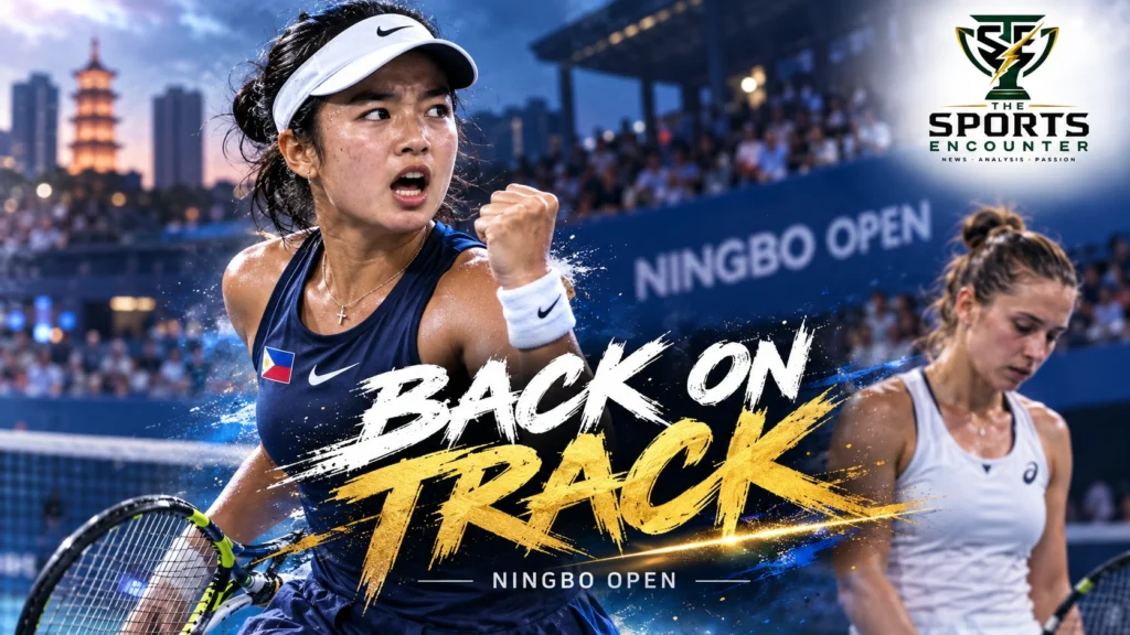 Alexandra Eala competing in a tennis match at the 2026 Ningbo Open, with a cinematic court background, The Sports Encounter's official logo, and a brushstroke headline highlighting her victory over Diane Parry.