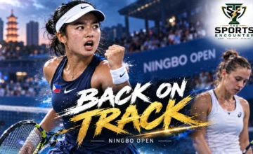 Alexandra Eala competing in a tennis match at the 2026 Ningbo Open, with a cinematic court background, The Sports Encounter's official logo, and a brushstroke headline highlighting her victory over Diane Parry.