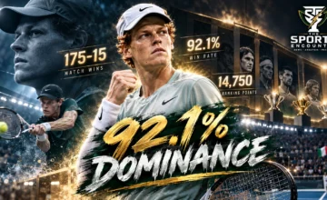 Jannik Sinner celebrates a victory in an editorial graphic highlighting his 175 wins, 15 defeats and 92.1% winning rate across the 2024, 2025 and 2026 ATP seasons.