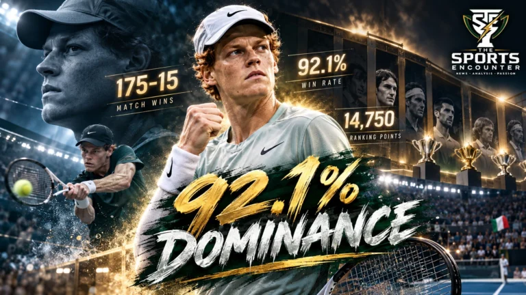 Jannik Sinner celebrates a victory in an editorial graphic highlighting his 175 wins, 15 defeats and 92.1% winning rate across the 2024, 2025 and 2026 ATP seasons.