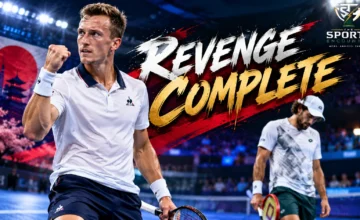 Jiri Lehecka celebrates after beating Valentin Vacherot 6-4, 6-2 in the 2026 Japan Open semifinal at Ariake Coliseum in Tokyo.