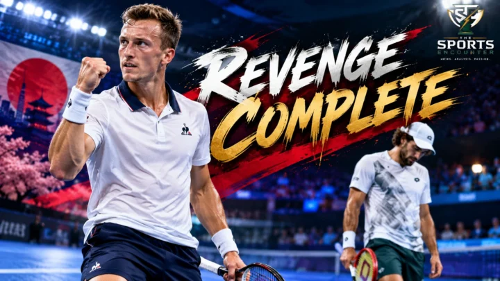 Jiri Lehecka celebrates after beating Valentin Vacherot 6-4, 6-2 in the 2026 Japan Open semifinal at Ariake Coliseum in Tokyo.