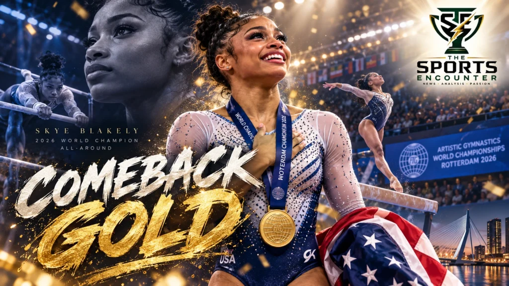 Proposed cinematic illustration of American gymnast Skye Blakely celebrating her 2026 women's artistic gymnastics world all-around gold medal in Rotterdam, with The Sports Encounter's official logo.