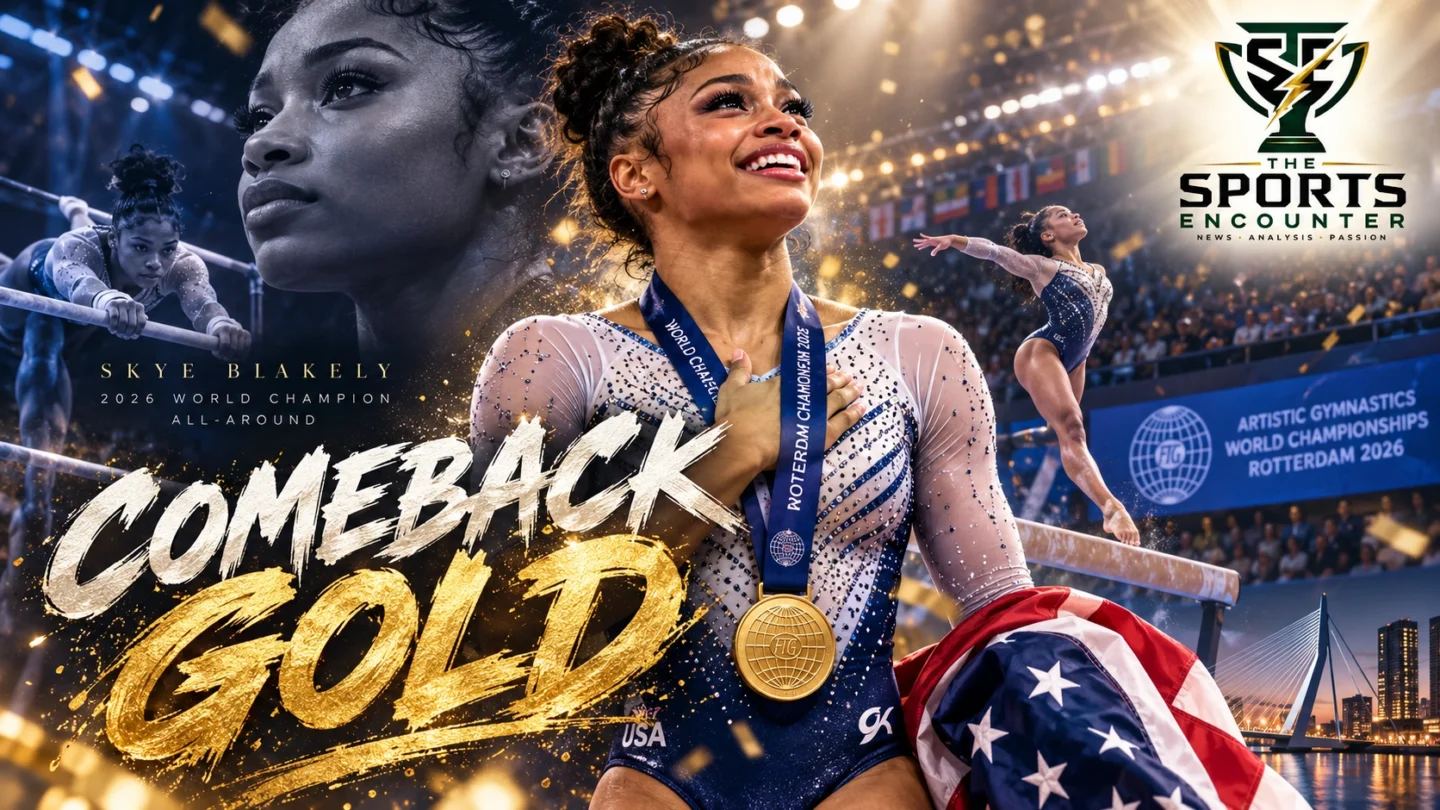 Proposed cinematic illustration of American gymnast Skye Blakely celebrating her 2026 women's artistic gymnastics world all-around gold medal in Rotterdam, with The Sports Encounter's official logo.