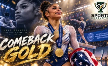 Proposed cinematic illustration of American gymnast Skye Blakely celebrating her 2026 women's artistic gymnastics world all-around gold medal in Rotterdam, with The Sports Encounter's official logo.