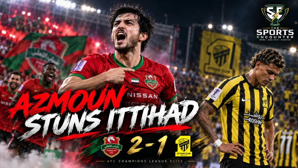 Sardar Azmoun celebrates his two goals for Shabab Al Ahli against Al-Ittihad during their 2-1 AFC Champions League Elite victory in Jeddah on October 13, 2026.