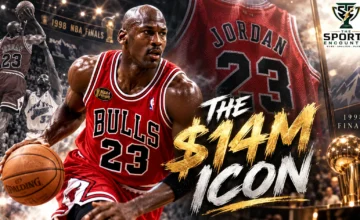 Michael Jordan wearing his red Chicago Bulls No. 23 jersey during the 1998 NBA Finals against the Utah Jazz, commemorating the $14 million sale of his Game 2 jersey.