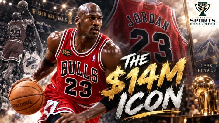 Michael Jordan wearing his red Chicago Bulls No. 23 jersey during the 1998 NBA Finals against the Utah Jazz, commemorating the $14 million sale of his Game 2 jersey.