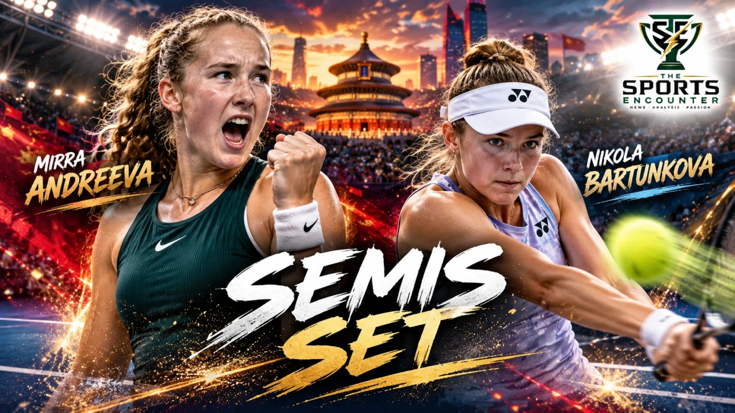 Mirra Andreeva celebrates her China Open quarterfinal victory over Ekaterina Alexandrova as Nikola Bartunkova advances after defeating Karolina Muchova in Beijing, October 8, 2026.