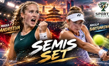Mirra Andreeva celebrates her China Open quarterfinal victory over Ekaterina Alexandrova as Nikola Bartunkova advances after defeating Karolina Muchova in Beijing, October 8, 2026.