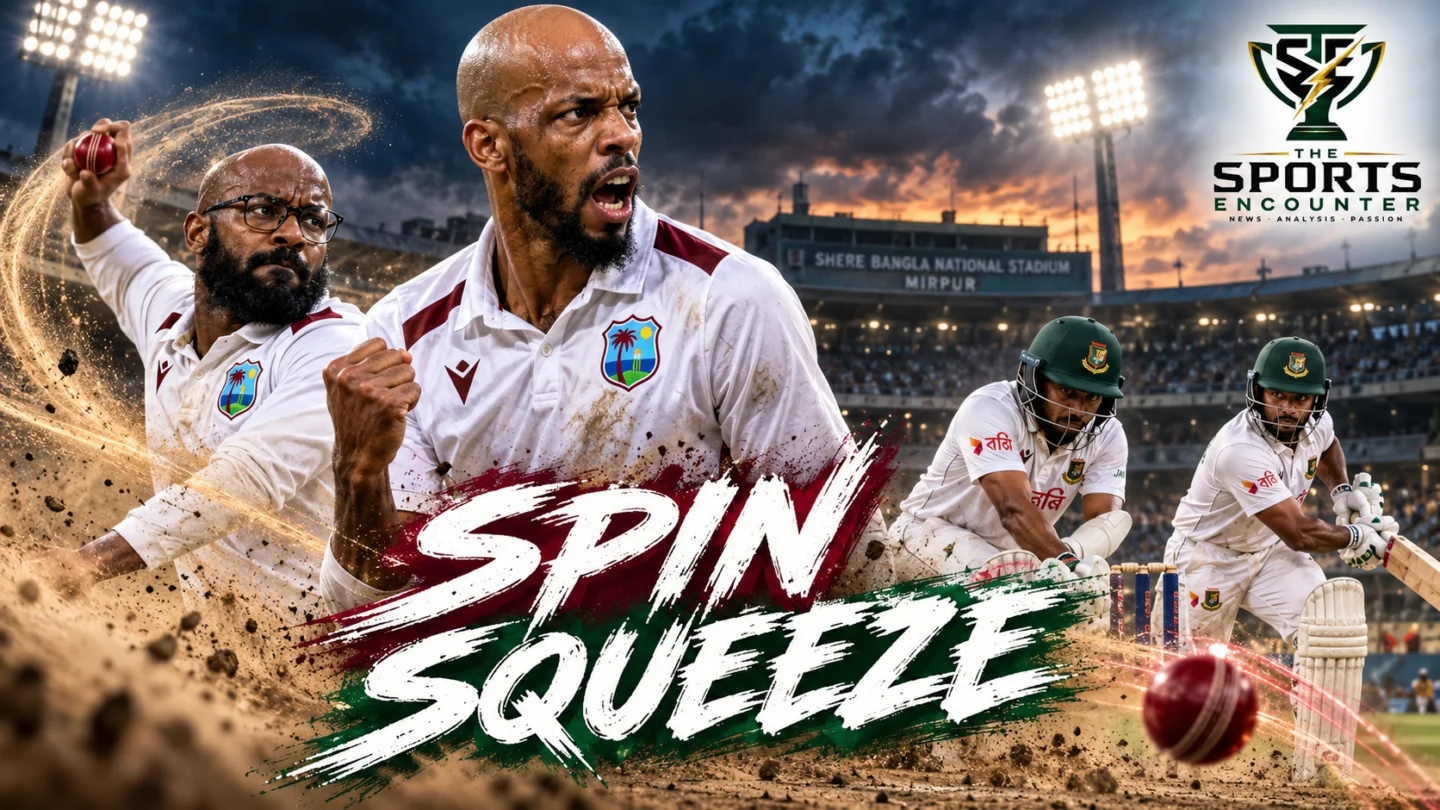 Cinematic illustration of West Indies captain Roston Chase and spinner Jomel Warrican celebrating wickets against Bangladesh in the 2026 Mirpur Test, with The Sports Encounter logo.