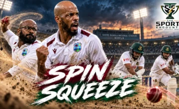 Cinematic illustration of West Indies captain Roston Chase and spinner Jomel Warrican celebrating wickets against Bangladesh in the 2026 Mirpur Test, with The Sports Encounter logo.