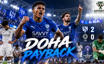 Al Hilal striker Ollie Watkins celebrates alongside midfielder Rúben Neves during the 2-0 AFC Champions League Elite victory over Al Sadd in Doha on October 13, 2026.