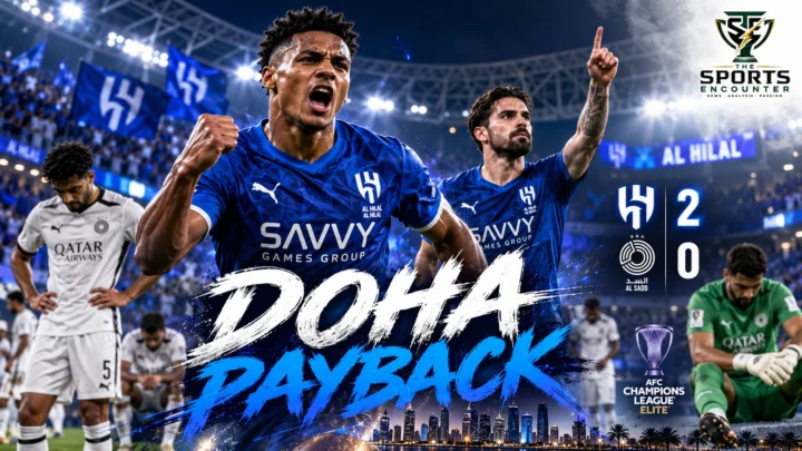 Al Hilal striker Ollie Watkins celebrates alongside midfielder Rúben Neves during the 2-0 AFC Champions League Elite victory over Al Sadd in Doha on October 13, 2026.