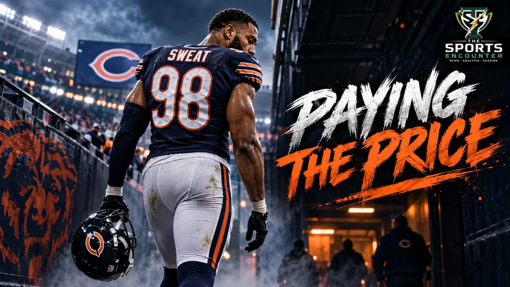 Montez Sweat wearing his No. 98 Chicago Bears uniform in an NFL graphic highlighting his two-game suspension.