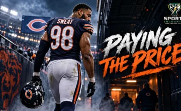 Montez Sweat wearing his No. 98 Chicago Bears uniform in an NFL graphic highlighting his two-game suspension.