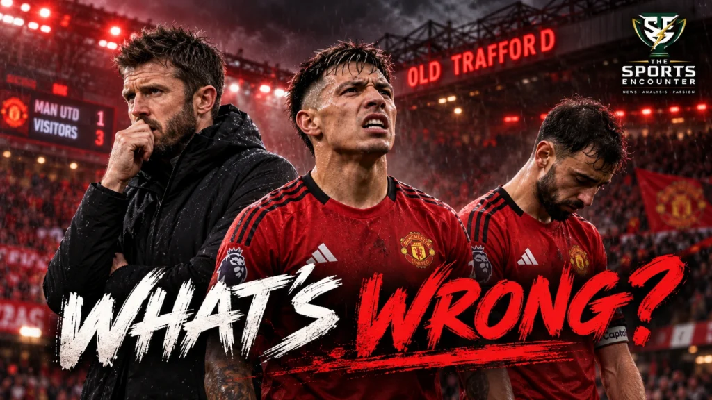 Manchester United manager Michael Carrick and defender Lisandro Martínez looking frustrated against a dramatic Old Trafford backdrop, illustrating United's poor form and mounting pressure on club leadership.