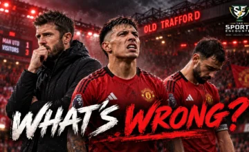 Manchester United manager Michael Carrick and defender Lisandro Martínez looking frustrated against a dramatic Old Trafford backdrop, illustrating United's poor form and mounting pressure on club leadership.