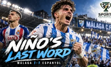 Adrián Niño celebrating Málaga's stoppage-time equalizer against Espanyol as Bryan Zaragoza and visiting players react during the 1-1 La Liga draw at La Rosaleda on October 9, 2026.