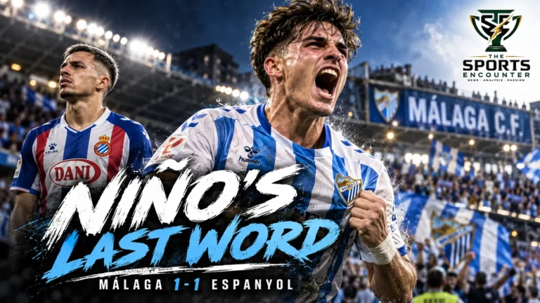 Adrián Niño celebrating Málaga's stoppage-time equalizer against Espanyol as Bryan Zaragoza and visiting players react during the 1-1 La Liga draw at La Rosaleda on October 9, 2026.