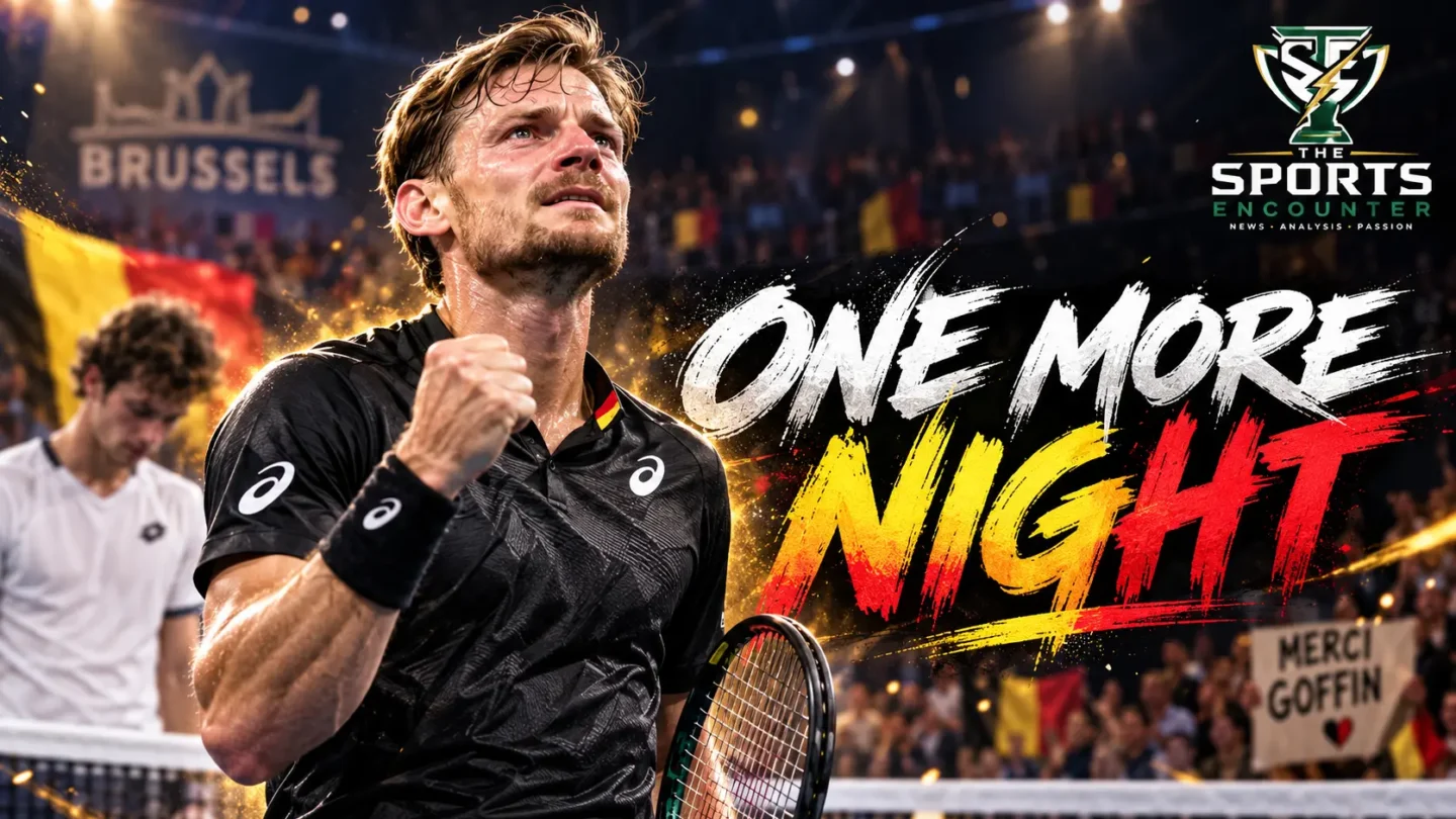 David Goffin celebrates his 3-6, 6-3, 6-4 comeback victory over Remy Bertola at the 2026 European Open in Brussels during his farewell tournament.