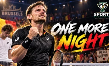 David Goffin celebrates his 3-6, 6-3, 6-4 comeback victory over Remy Bertola at the 2026 European Open in Brussels during his farewell tournament.