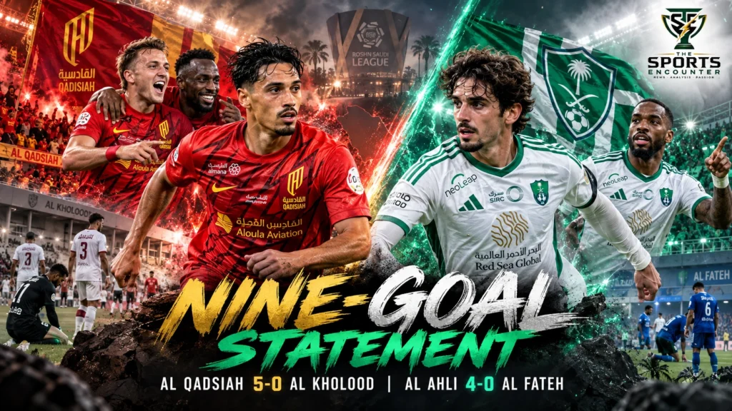 Tijjani Reijnders and Al Qadsiah players alongside Francisco Trincão and Al Ahli players in an illustrated Saudi Pro League Matchweek 8 graphic.