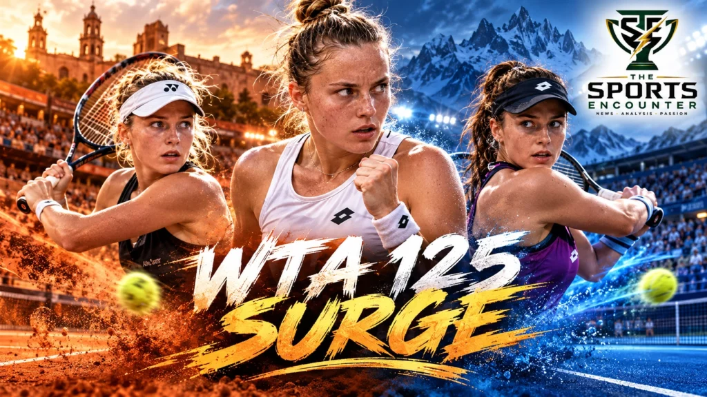 Editorial tennis illustration highlighting Valeriya Strakhova's double-bagel win in Querétaro and Gabriela Knutson's three-set victory in Courmayeur, with The Sports Encounter's official logo.