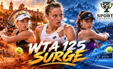 Editorial tennis illustration highlighting Valeriya Strakhova's double-bagel win in Querétaro and Gabriela Knutson's three-set victory in Courmayeur, with The Sports Encounter's official logo.