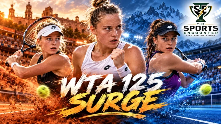 Editorial tennis illustration highlighting Valeriya Strakhova's double-bagel win in Querétaro and Gabriela Knutson's three-set victory in Courmayeur, with The Sports Encounter's official logo.