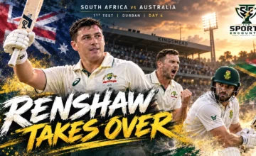 Matt Renshaw bats for Australia against South Africa during the first Test at Kingsmead, Durban, in October 2026.