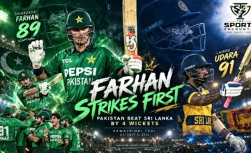 Sahibzada Farhan batting for Pakistan against Sri Lanka in the first T20I at Rawalpindi, October 9, 2026, during his match-winning innings of 89.