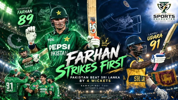 Sahibzada Farhan batting for Pakistan against Sri Lanka in the first T20I at Rawalpindi, October 9, 2026, during his match-winning innings of 89.