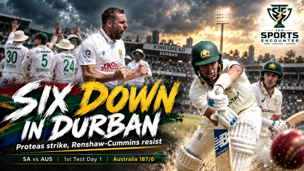 Proposed illustration of Matt Renshaw and Pat Cummins batting for Australia against South Africa at Kingsmead in Durban, with Anrich Nortje celebrating a wicket on the opening day of the 2026 first Test.