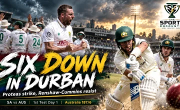 Proposed illustration of Matt Renshaw and Pat Cummins batting for Australia against South Africa at Kingsmead in Durban, with Anrich Nortje celebrating a wicket on the opening day of the 2026 first Test.