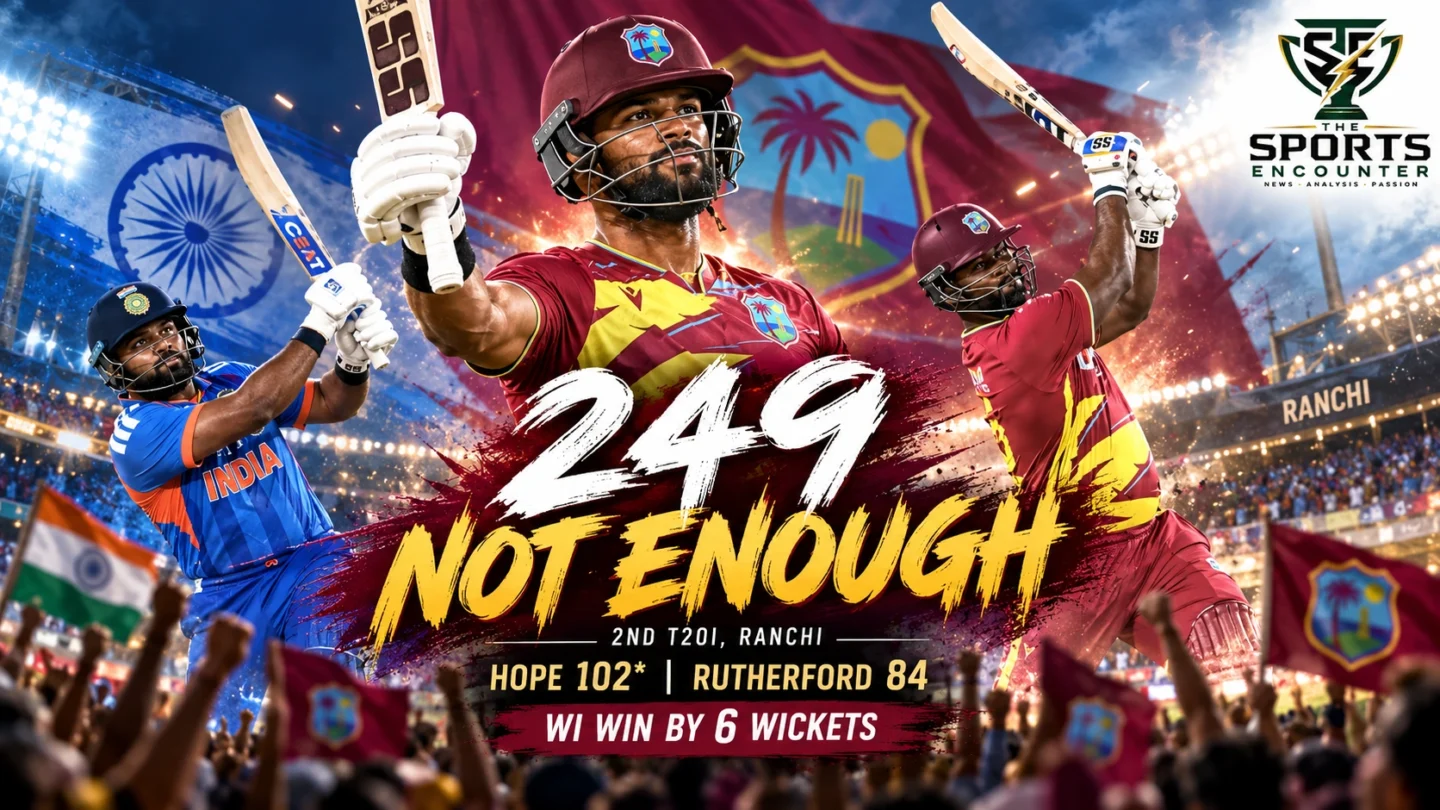 Shai Hope and Sherfane Rutherford celebrating West Indies' six-wicket victory over India in the second T20I in Ranchi on October 9, 2026.