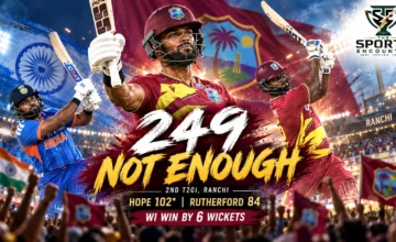 Shai Hope and Sherfane Rutherford celebrating West Indies' six-wicket victory over India in the second T20I in Ranchi on October 9, 2026.