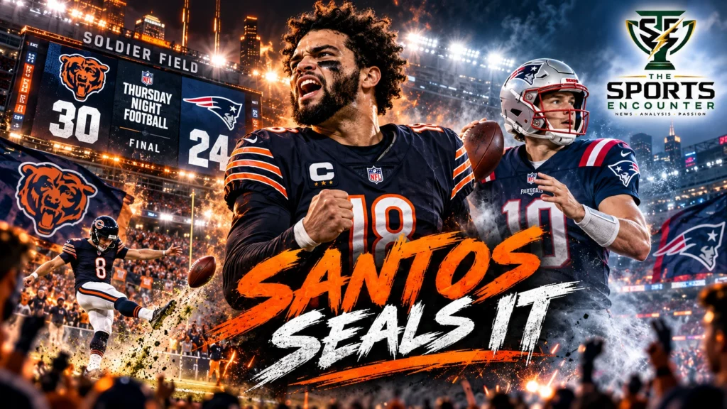 Chicago Bears kicker Cairo Santos attempts a long field goal under the Soldier Field lights, with Caleb Williams and New England Patriots players featured in the composition.