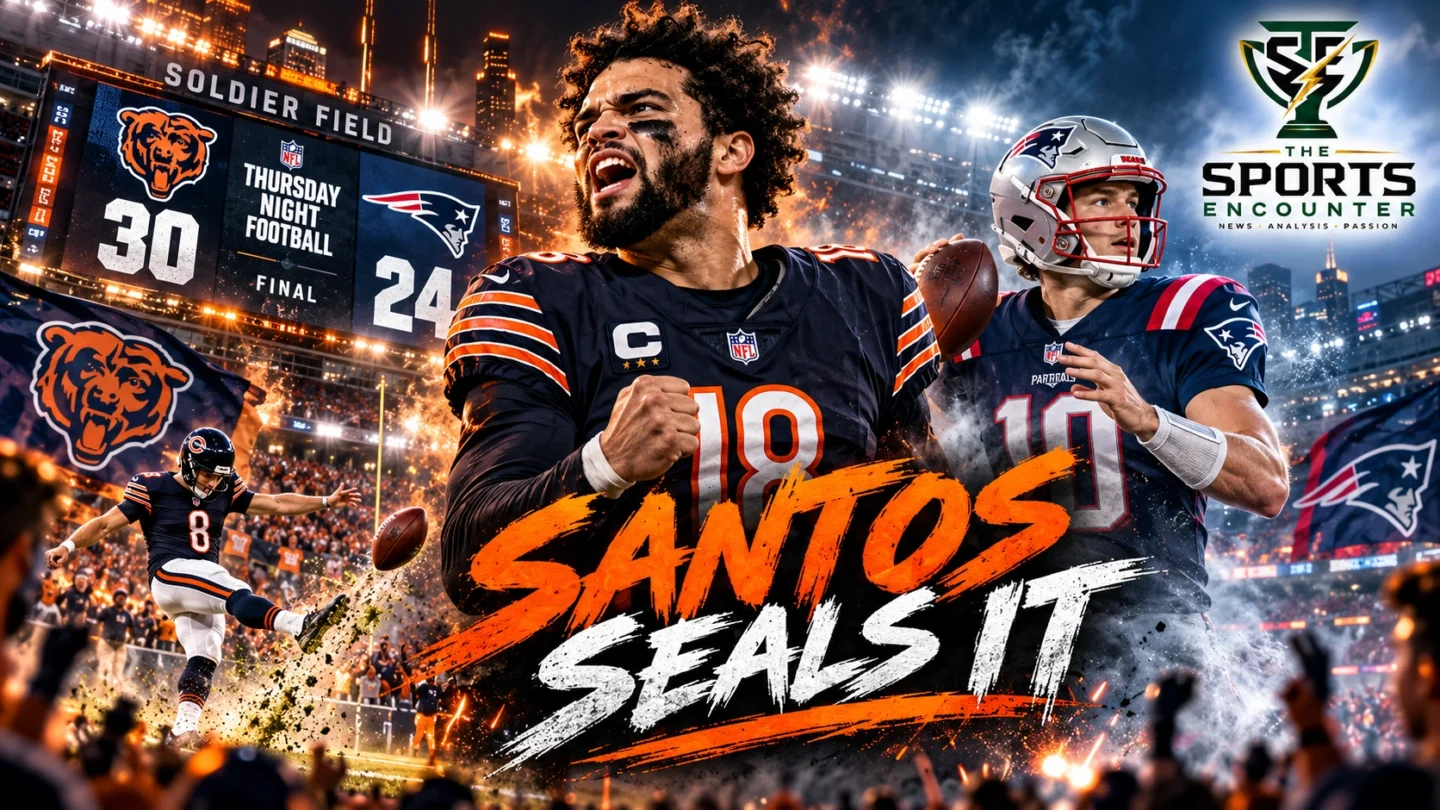 Chicago Bears kicker Cairo Santos attempts a long field goal under the Soldier Field lights, with Caleb Williams and New England Patriots players featured in the composition.