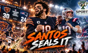 Chicago Bears kicker Cairo Santos attempts a long field goal under the Soldier Field lights, with Caleb Williams and New England Patriots players featured in the composition.