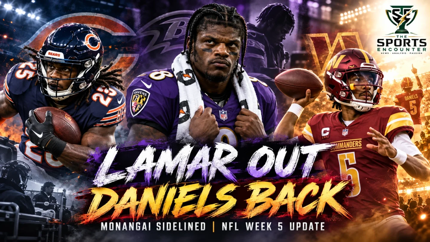 Proposed NFL Week 5 editorial graphic featuring Chicago Bears running back Kyle Monangai, Baltimore Ravens quarterback Lamar Jackson and returning Washington Commanders quarterback Jayden Daniels.