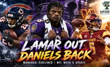 Proposed NFL Week 5 editorial graphic featuring Chicago Bears running back Kyle Monangai, Baltimore Ravens quarterback Lamar Jackson and returning Washington Commanders quarterback Jayden Daniels.